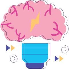 Abstract illustration of a pink brain with a yellow lightning bolt inside and a blue lightbulb base on a transparent background symbolizing innovation and ideas