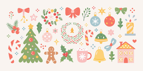 A charming collection of festive christmas and holiday elements in a cute flat design style