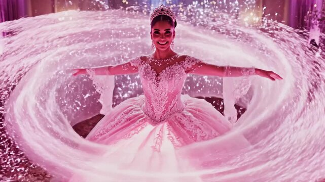 Teenager Wearing a Pink Quinceanera Dress and Tiara With Tulle Flowing Around Her