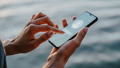 Person using mobile phone with follow button, user interface.