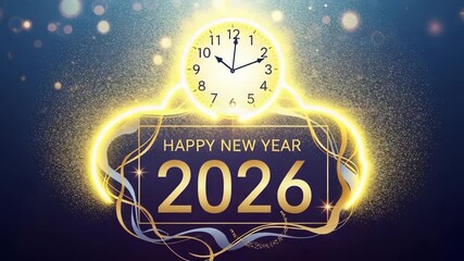 Animated clock striking midnight above a glowing 2026 banner means new year start - Powered by Adobe