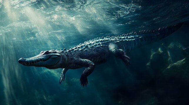 Underwater Alligator Swimming with Sunbeams crocodile Photo
