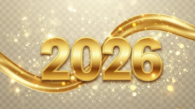 Animated golden 2026 numeral with a flowing luxury ribbon means new year greeting