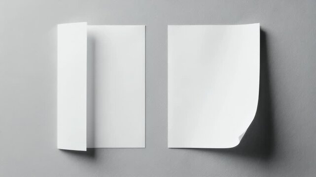 Two plain white rectangular papers against a textured gray background, one with corner folded upward