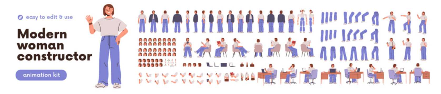 Woman constructor, body parts, animation kit, actions. Young female, leg, arm, face element in movement pose, front, back, side. Character design. Flat vector illustration isolated on white background