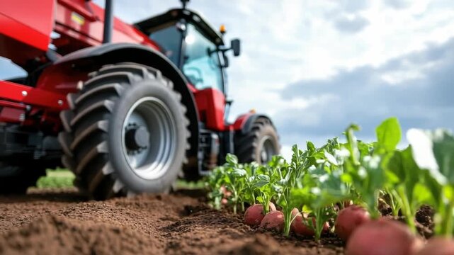 Modern red tractor captured low angle as it drives through a freshly plowed field, harvesting a neat row of ripe red beets with green tops beneath a cloudy summer sky