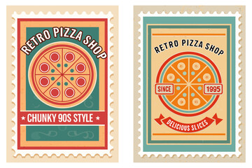 Retro pizza shop stamp, chunky 90s cartoon style, worn edges