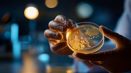 Close up of faceless scientist's gloved hands holding transparent petri dish toward light defocused bacterial colonies growing in agar transformation experiment results