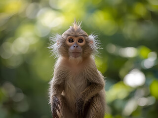 Curious wild monkey looking at camera in tropical forest