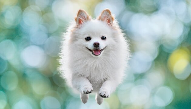 White Spitz dog mid-air jump, happy expression, blurred bokeh background.