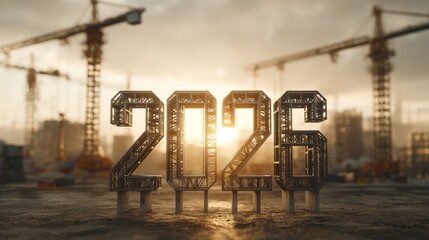 Construction site features a large 2026 display with cranes and a sunset, symbolizing future developments and progress in urban development