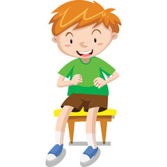 Cartoon boy with red hair wearing a green t-shirt and brown shorts sitting on a yellow stool smiling happily with a transparent background