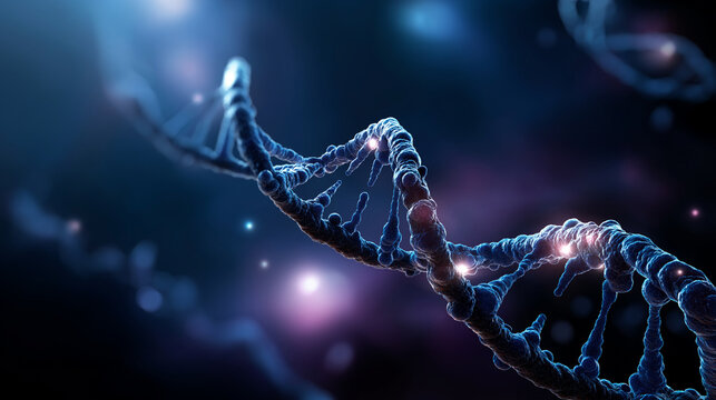 Crystalline DNA double helix structure floating in space faceless molecular visualization heavily defocused cosmic nebula background with star clusters representing universal