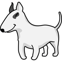 Cartoon Bull Terrier Dog Standing Left Facing White Body Black Ear and Eye Markings Simple Line Drawing Isolated on Transparent Background