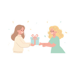 Two young women exchange a wrapped gift box with a pink ribbon in a festive setting with confetti falling around them