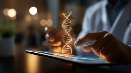 Futuristic holographic DNA helix rotating above tablet device faceless medical professional's hands gesturing defocused clinic consultation room background personalized genomics