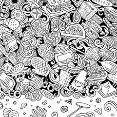 Cartoon vector Bakery doodle border illustration features a variety of bakehouse objects and symbols