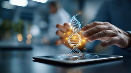Futuristic holographic DNA helix rotating above tablet device faceless medical professional's hands gesturing defocused clinic consultation room background personalized genomics