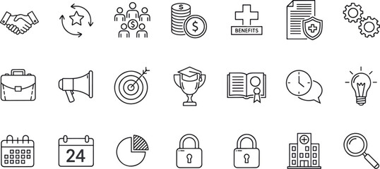 Collection of business and finance icons in a modern line art style, representing concepts like teamwork, success, and growth