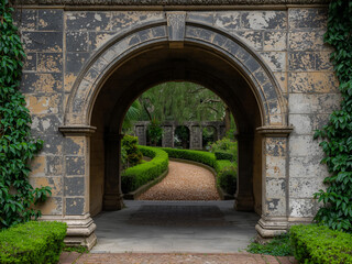 Old stone archway leading to lush green garden pathway