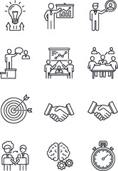 Collection of Business and Finance Icons Representing Ideas Strategy Meetings and Success with People and Symbols