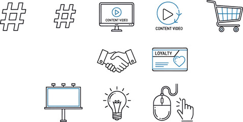 Collection of Business Icons Featuring Hashtags, Content Video, Shopping Cart, Handshake, Loyalty Card, Billboard, Lightbulb and Mouse Cursor