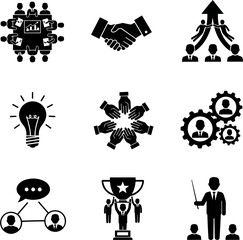 Collection of Business Icons illustrating Teamwork Collaboration Strategy Success Innovation and Communication Concepts