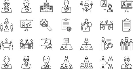 Collection of Business and Office Icons, Featuring People, Meetings, and Organizational Charts on White Background