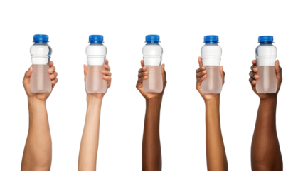 Diverse hands raising small water bottles, health and hydration isolated on white background