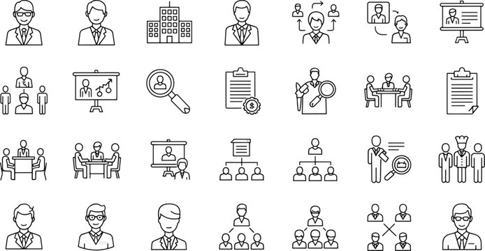 Collection of Business and Office Icons, Featuring People, Meetings, and Organizational Charts on White Background