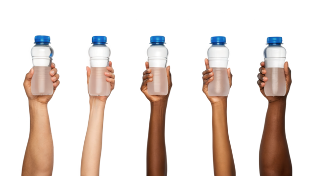 Diverse hands raising small water bottles, health and hydration isolated on white background