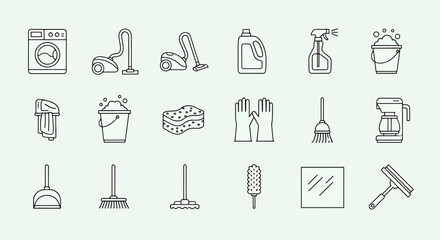 Collection of cleaning supplies icons a washing machine vacuum cleaner bucket spray bottle mop and duster