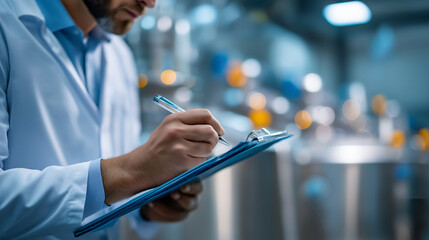 Faceless laboratory manager reviewing quality control charts on clipboard defocused GMP certified cleanroom background bioreactor tanks visible pharmaceutical manufacturing