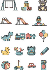 Collection of colorful children's toys including a swing set, blocks, teddy bear, slides, dinosaur, train, and car