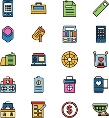 Collection of Colorful Flat Icons Representing Business Technology and Office Objects for Digital Design and Web Applications