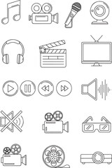Collection of digital icons representing media and entertainment technology like cameras, microphones, and audio devices