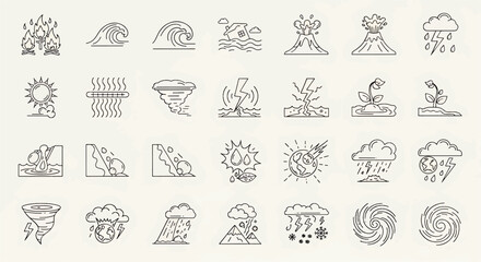 Collection of disaster and natural event icons, representing wildfires, floods, volcanoes, tornadoes, earthquakes, meteor impacts, and extreme weather conditions.