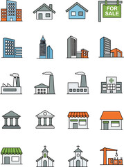 Collection of diverse building icons including houses factories offices hospitals churches and a crane in a modern flat design style