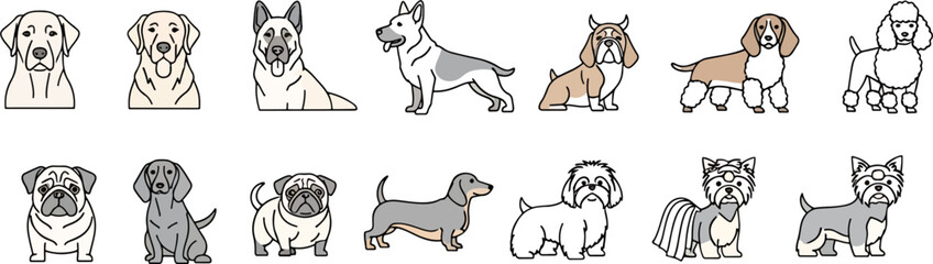Collection of Diverse Dog Breeds Illustrated in a Simple, Clean, and Modern Flat Design Style