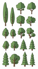 Collection of Diverse Flat Design Trees, Including Deciduous and Coniferous Species, Isolated on White