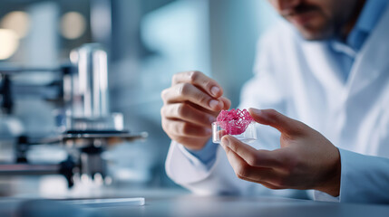 Faceless scientist's hands manipulating 3D printed tissue scaffold defocused bioprinter in background regenerative medicine research organ on chip technology biomaterial engine