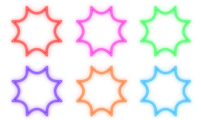 Stars bubble outline neon light frame, set of colorful shaped object elements isolated on white background