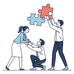 Diverse team of three people collaborating to connect puzzle pieces symbolizing unity teamwork and successful problem solving in a simple line art style illustration