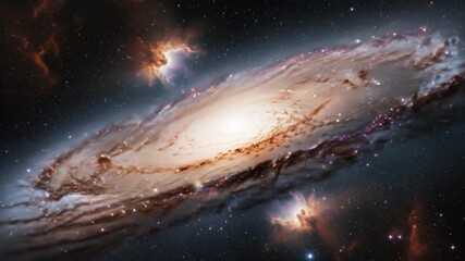 A spiral galaxy with a bright central core and surrounding nebulae - Powered by Adobe