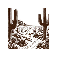 Cowboys Riding Through Desert Cactus Landscape — Black and White Western Line Art