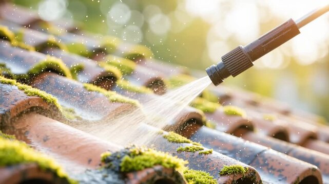 close-up of a high-pressure sprayer removing green moss and algae from old clay roof tiles during outdoor maintenance work