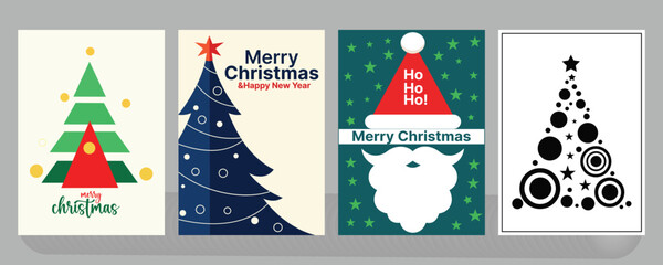 Four christmas cards with christmas trees and santa hat illustration