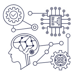 Conceptual illustration of artificial intelligence and machine learning with interconnected elements representing data processing human cognition and technological innovation