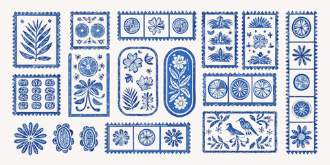 Collection of blue and white decorative elements featuring flowers leaves and birds in a folk art style © Sudebi