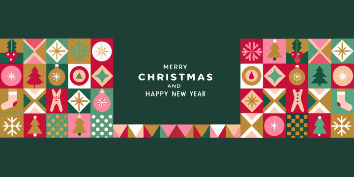 Merry christmas and happy new year greeting card with festive geometric patterns and holiday symbols